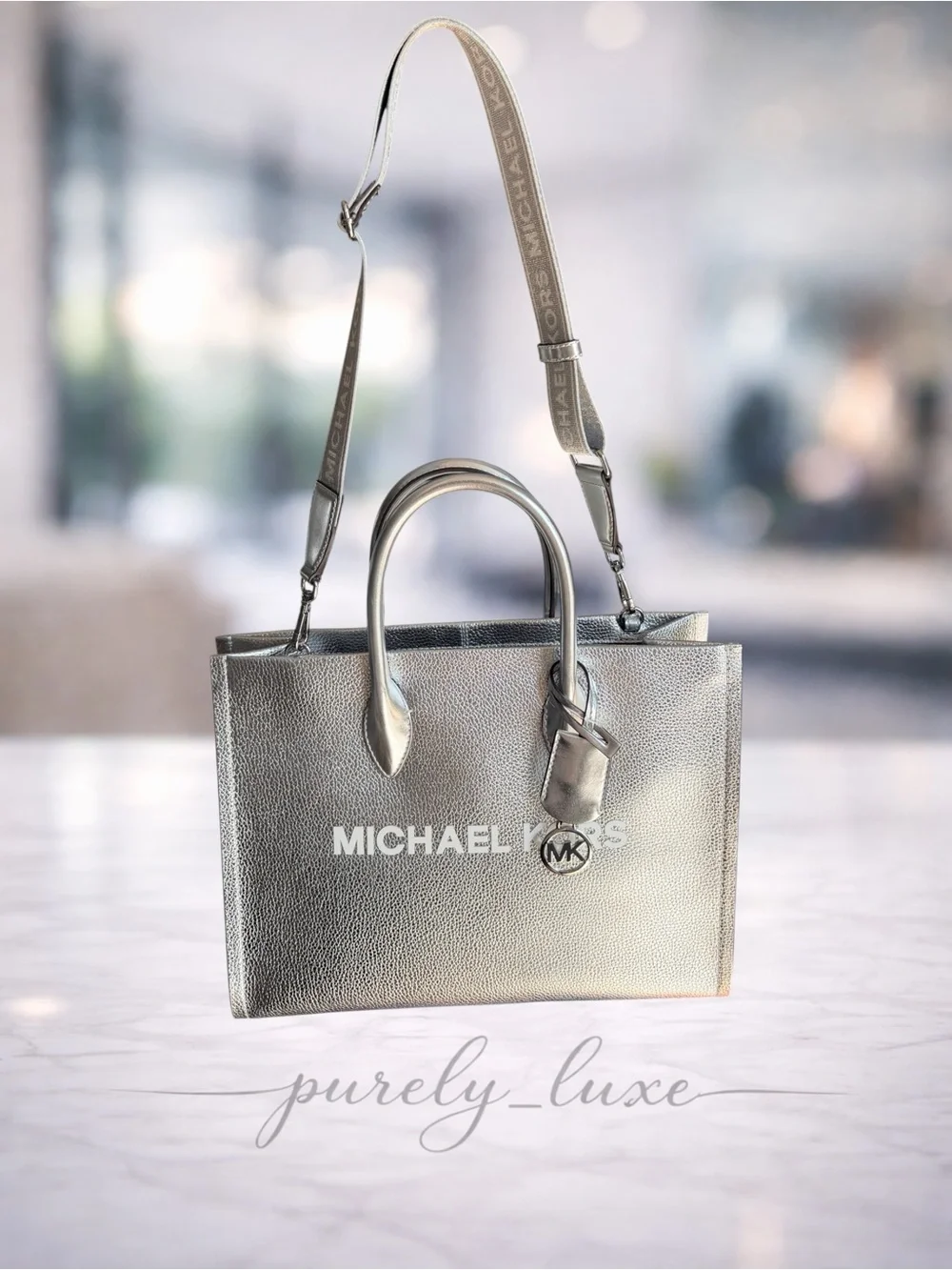 Michael Kors Scarlett Silver Metallic Pebbled Leather Tote with Logo Strap